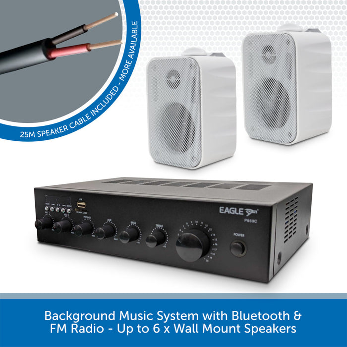 Compact Background Music System with Bluetooth, USB & FM Radio - Up to 6 x Wall Mount Speakers