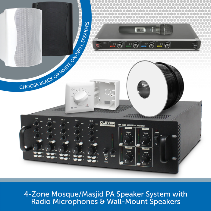 4-Zone Mosque/Masjid PA Speaker System with Radio Microphones & Wall Mount Loudspeakers