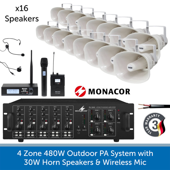 16 Speaker 4-Zone Outdoor PA System with Wireless Microphone