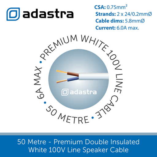 50 Metre Premium Double Insulated White 100V Line Speaker Cable