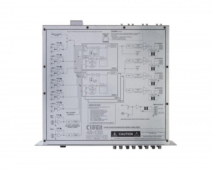 Cloud Electronics 46-120 4-Zone Mixer Amplifier, 6-Line/2-Mic, 4x120W, 4Ω 2U