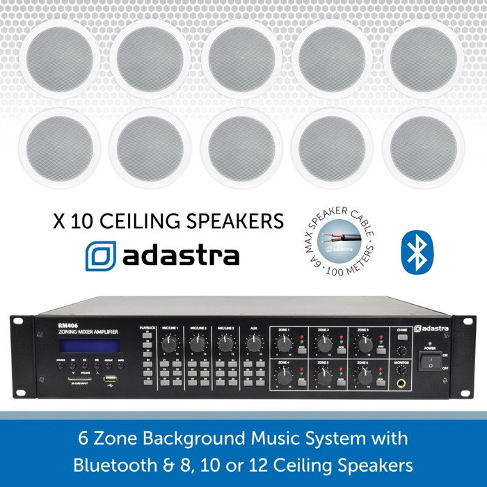 6 Zone Background Music System with 10 Ceiling Speakers, Bluetooth & FM Radio
