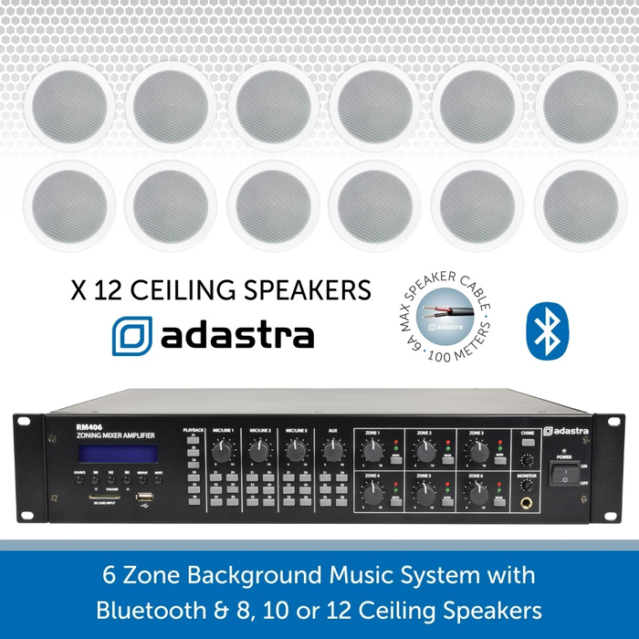 6 Zone Background Music System with 12 Ceiling Speakers, Bluetooth & FM Radio