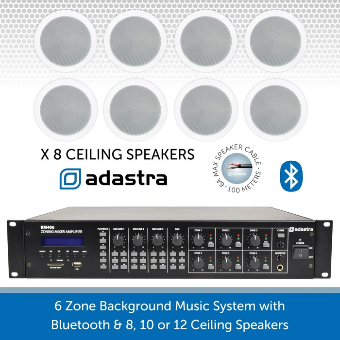 6 Zone Background Music System with 8 Ceiling Speakers, Bluetooth & FM Radio