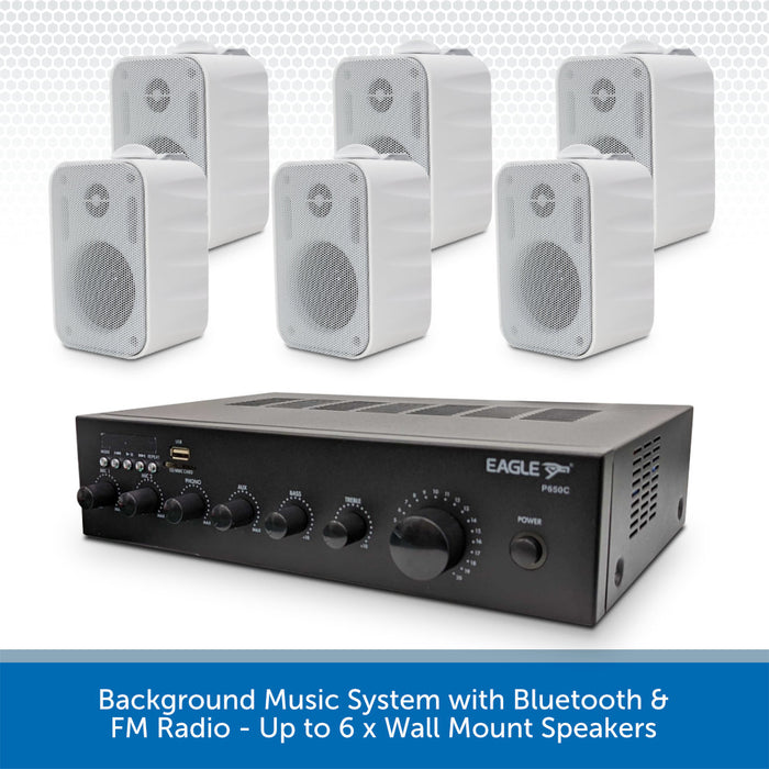 Compact Background Music System with Bluetooth, USB & FM Radio - Up to 6 x Wall Mount Speakers