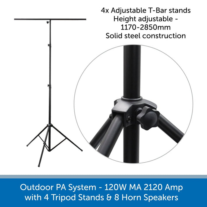 8 Speaker Outdoor PA System with Tripod Stands & Horn Speakers