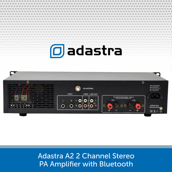 Adastra A2 2 Channel Stereo PA Amplifier, 2 x 200W, 4Ohm with Bluetooth connectivity