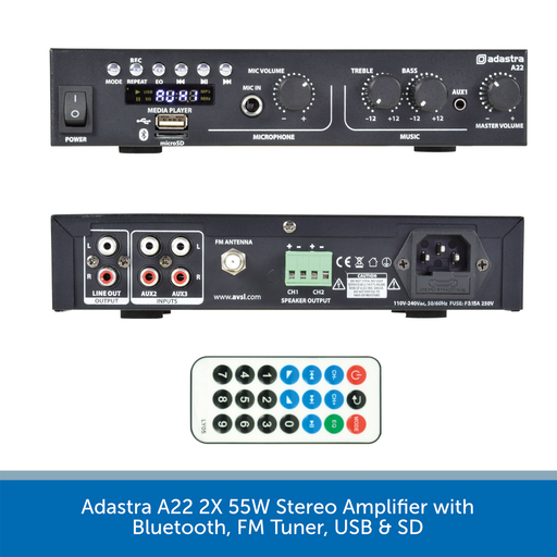 Adastra A22 2X 55W Stereo Amplifier with Bluetooth, FM Tuner, USB & SD