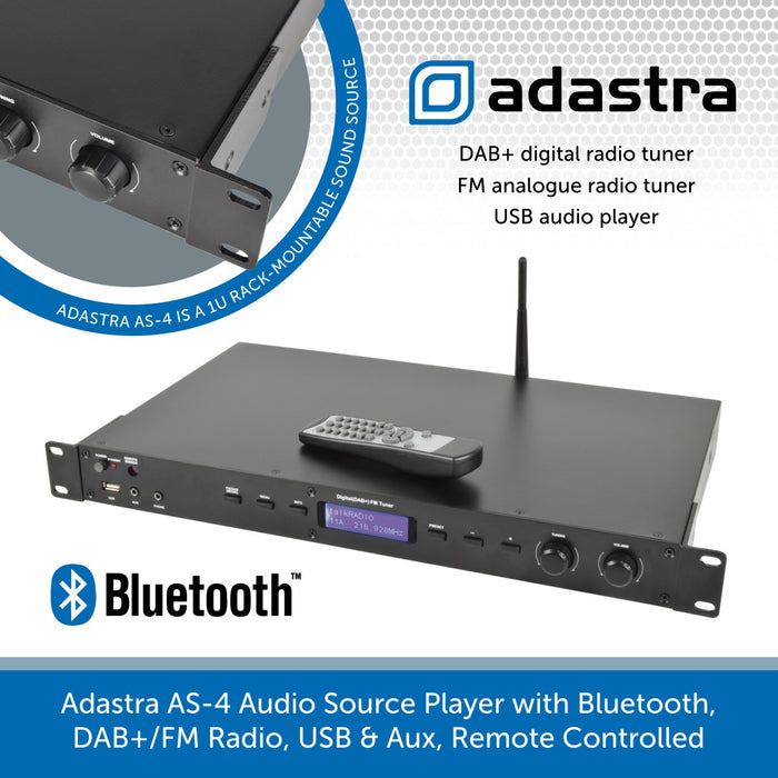 Adastra AS-4 Audio Source Player with Bluetooth, DAB+/FM Radio, USB & Aux, Remote Controlled