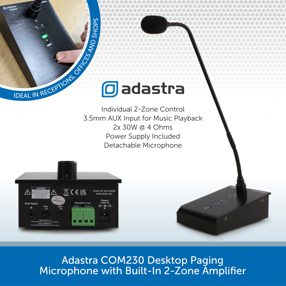 Adastra COM230 Desktop Paging Microphone with Built In 2 Zone Amplifier