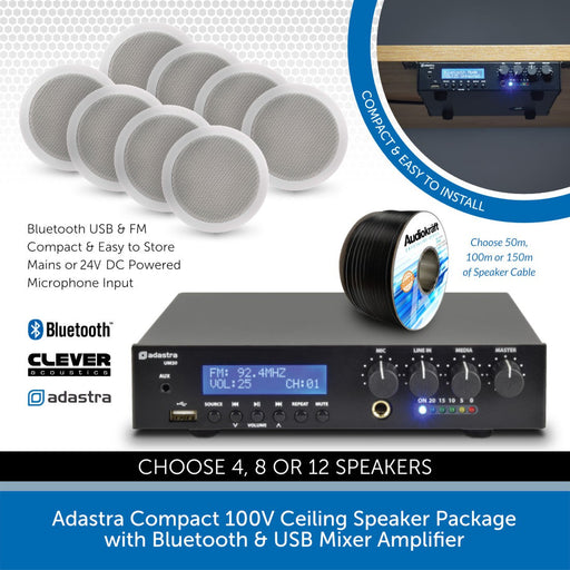 Adastra Compact 100V Ceiling Speaker Package with Bluetooth & USB Mixer Amplifier