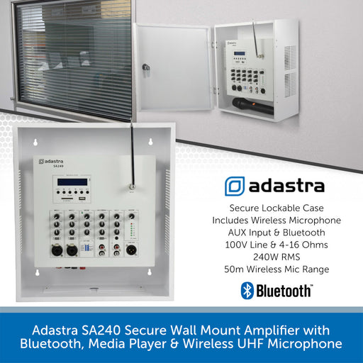 Adastra SA240 Secure Wall Mount Amplifier with Bluetooth, Media Player & Wireless UHF Microphone