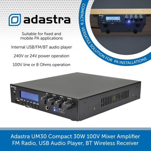 Adastra UM30 Compact 30W 100V Mixer Amplifier FM Radio, USB Audio Player, BT Wireless Receiver