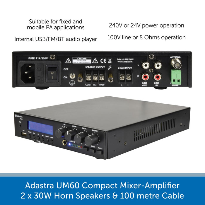 Adastra UM60 Compact Mixer-Amplifier 2 x 30W Horn Speakers & 100 metre Cable 
