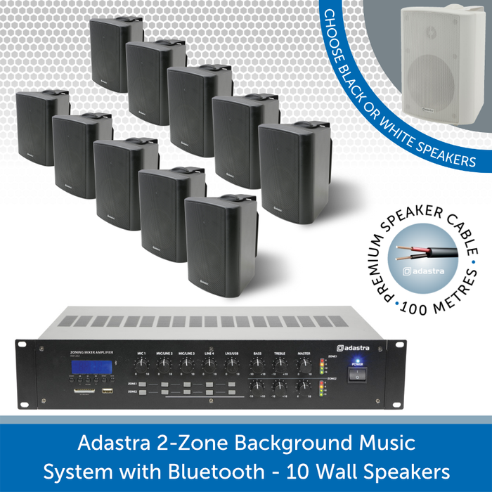 Adastra 2-Zone Background Music System with Bluetooth - 10 Black Wall Speakers