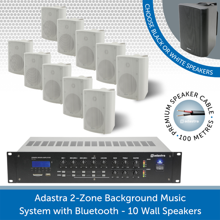 Adastra 2-Zone Background Music System with Bluetooth - 10 white Wall Speakers