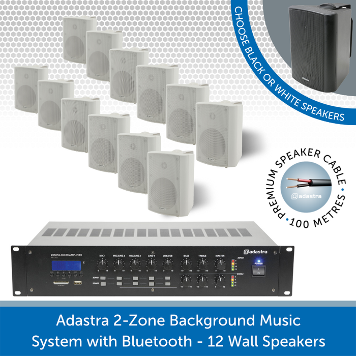 Adastra 2-Zone Background Music System with Bluetooth - 12 white Wall Speakers