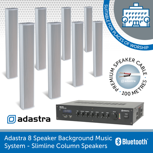 Adastra 8 Speaker Background Music System for Churches, Mosques, & Temples - Slimline Column Speakers