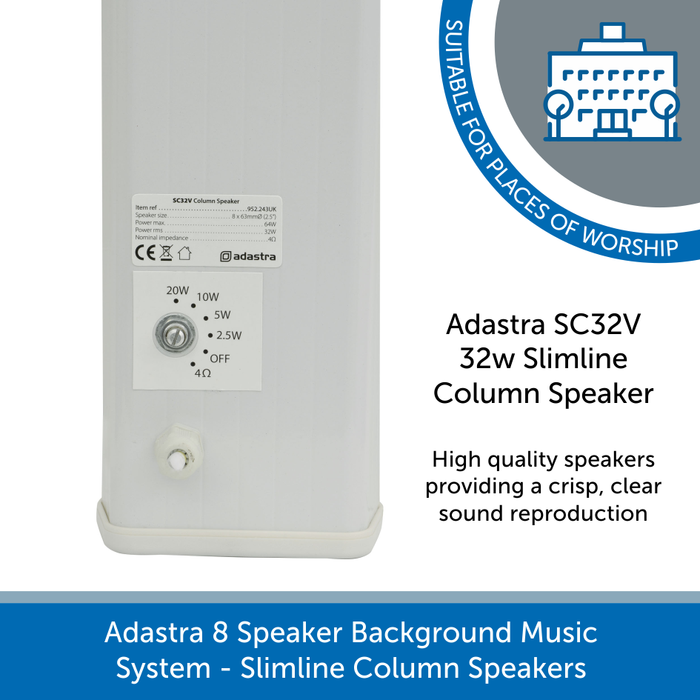Adastra SC32V Slimline White column speakers with wattage tappings