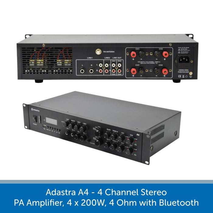 Adastra A4 - 4 Channel Stereo PA Amplifier, 4 x 200W, 4 Ohm with Bluetooth