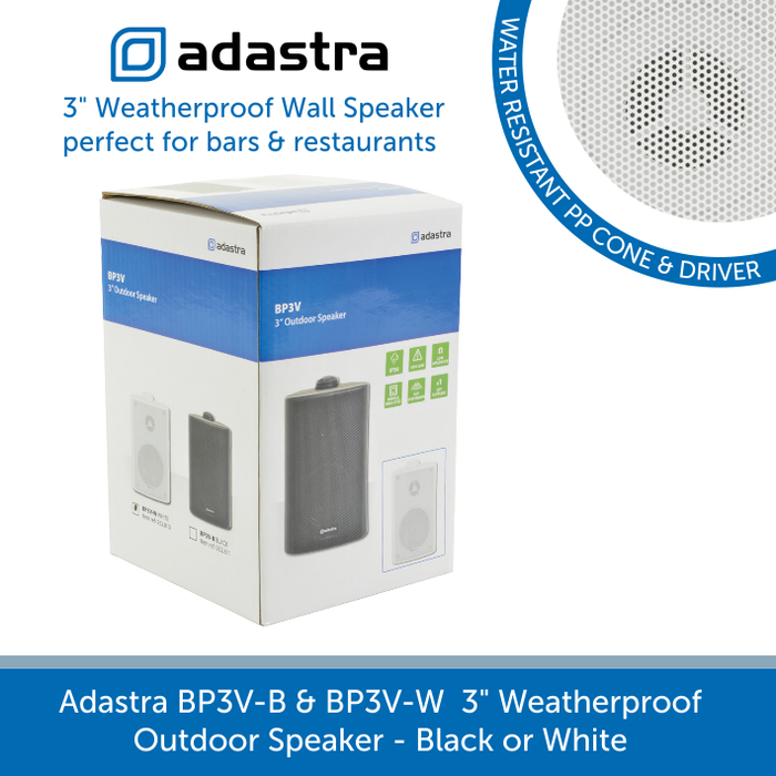 Showing the box for a Adastra BP3V-B & BP3V-W  3" Weatherproof Outdoor Speaker 