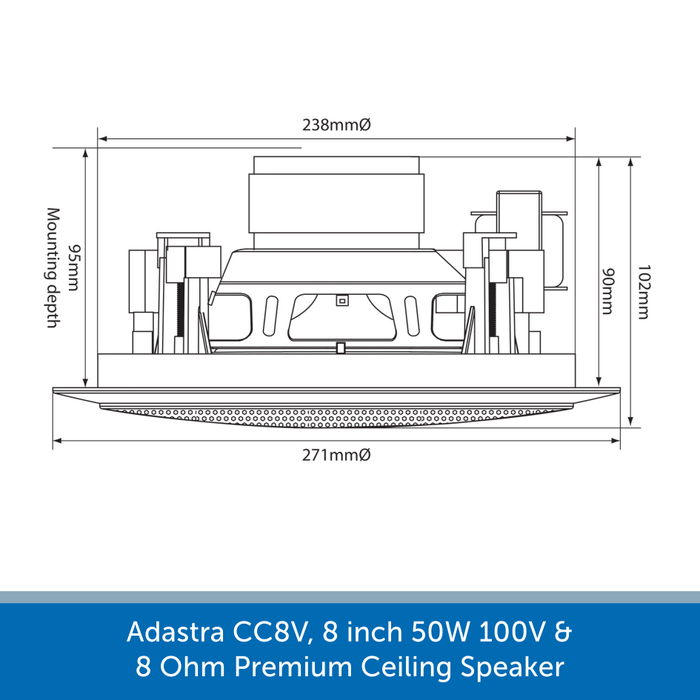 Showing the size of a Adastra CC8V, 8 inch 50W 100V & 8 Ohm Premium Ceiling Speaker