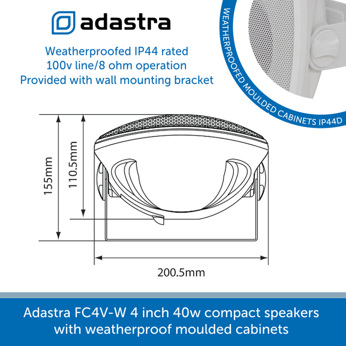 Showing the size of a Adastra FC4V-W 4 inch 40w compact speakers with weatherproof moulded cabinets