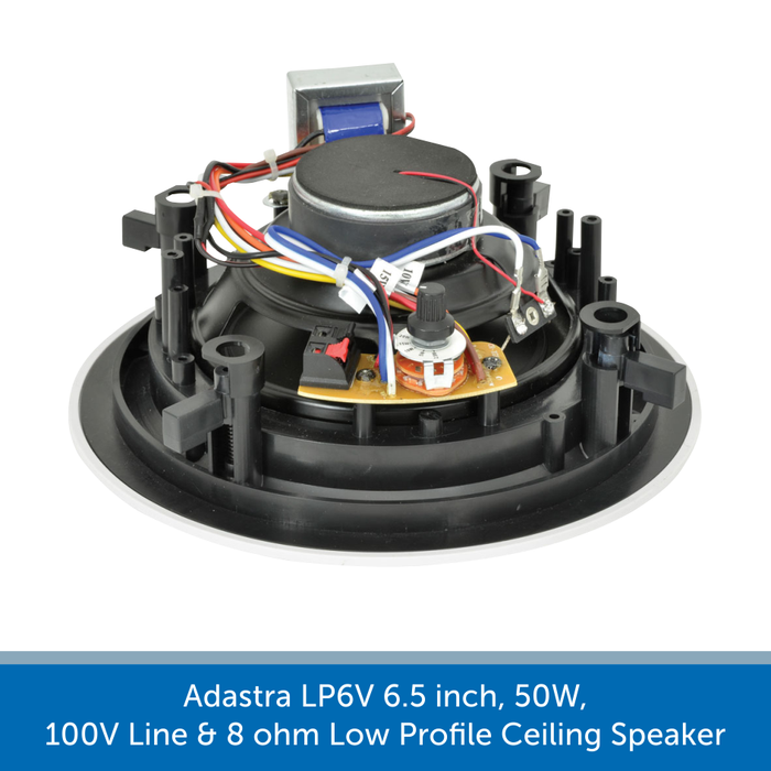 Showing the back of a Adastra LP6V 6.5 inch, 50W, 100V Line & 8 ohm Low Profile Ceiling Speaker