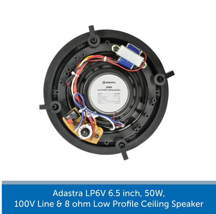 Showing the back of a Adastra LP6V 6.5 inch, 50W, 100V Line & 8 ohm Low Profile Ceiling Speaker