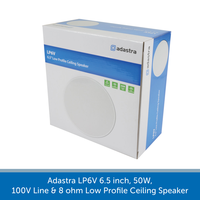 Showing a box for a Adastra LP6V 6.5 inch, 50W, 100V Line & 8 ohm Low Profile Ceiling Speaker
