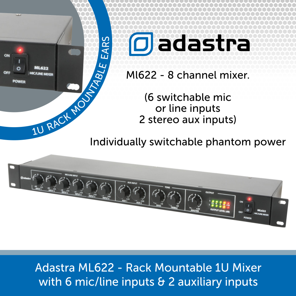 Adastra ML622 8 Channel Rack Mountable 1U Mixer | Audio Volt