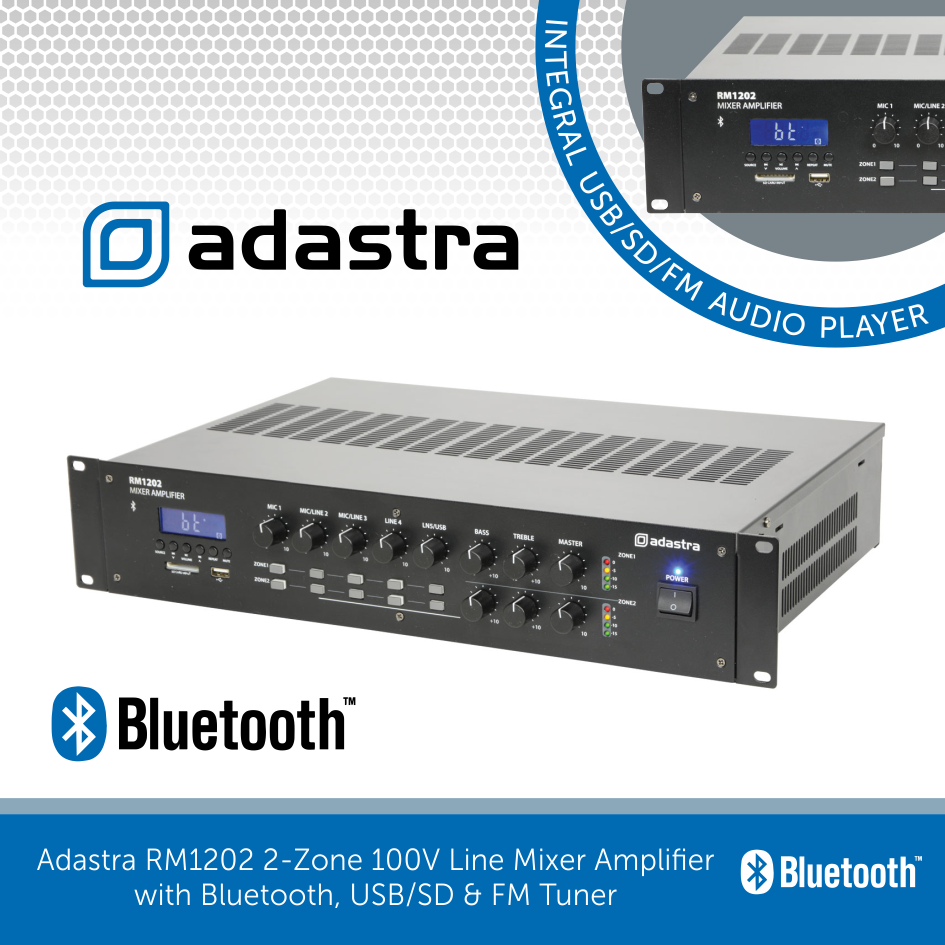 Adastra RM1202 2-Zone 100V Mixer Amplifier with Bluetooth | Audio Volt
