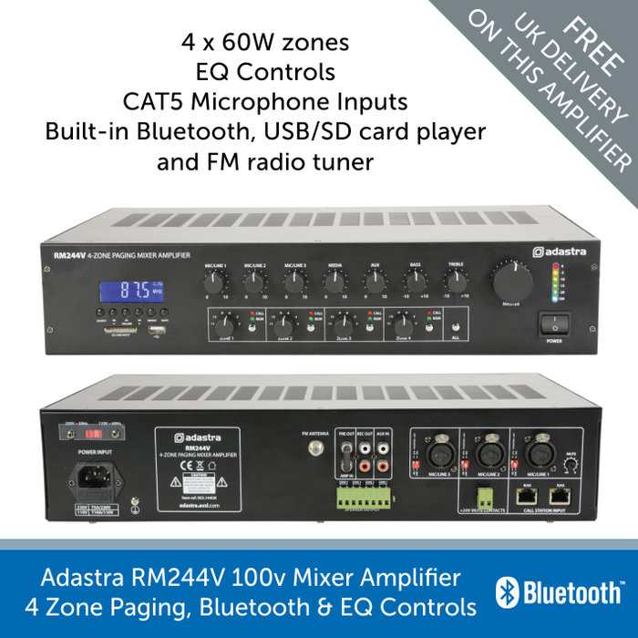 Adastra RM244V mixer amplifier with 4 zone paging front and back view