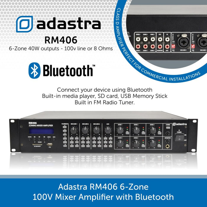 Adastra RM406 6-Zone 100V Mixer Amplifier with Bluetooth and built-in media player