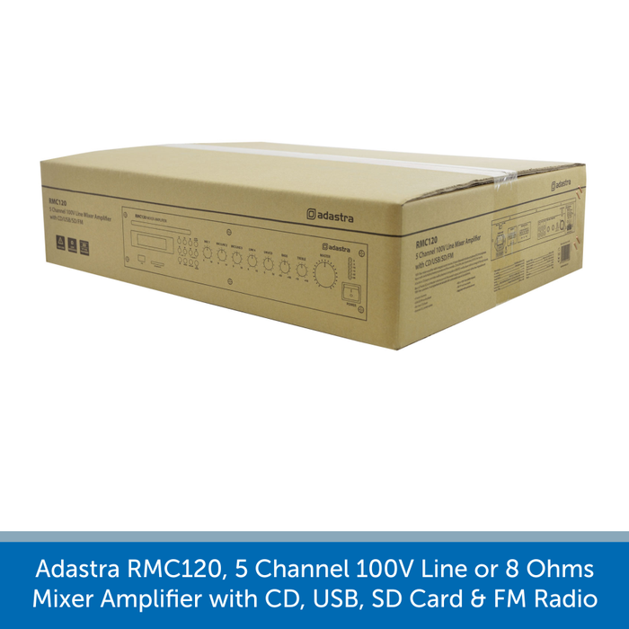 A box for a Adastra RMC120, 5 Channel 100V Line or 8 Ohms Mixer Amplifier with CD, USB, SD Card & FM Radio
