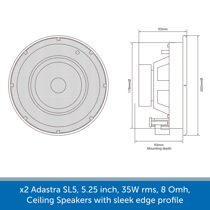 Size of a Adastra SL5, 5.25 inch, 35W rms, 8 Omh, Ceiling Speakers with Sleek Edge Profile - Sold in pairs