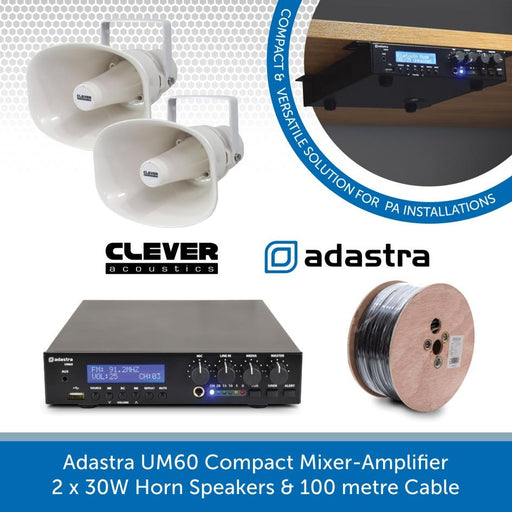 Adastra UM60 Compact Mixer-Amp, 2 x 30W Horn Speakers + Cable - FM Radio & USB Audio