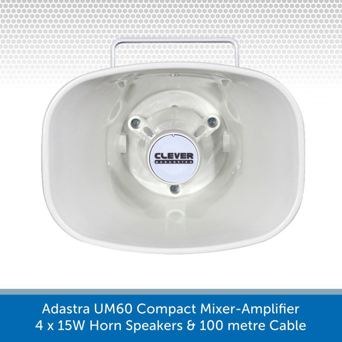 Adastra UM60 Compact Mixer-Amp, 4 x 15W Horn Speakers + Cable - FM Radio & USB Audio