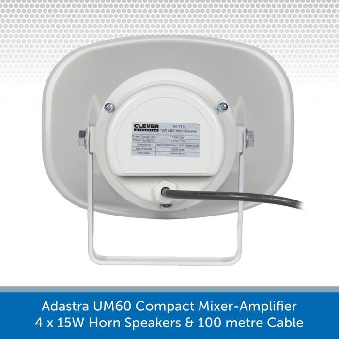 Adastra UM60 Compact Mixer-Amp, 4 x 15W Horn Speakers + Cable - FM Radio & USB Audio