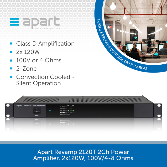 Apart Revamp 2120T 2Ch Power Amplifier, 2x120W or 1x240W, 100V/4-8 Ohms