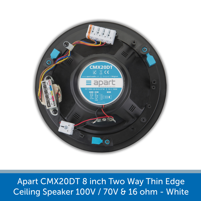 Showing the back of a Apart Audio CMX20DT 8 inch Two Way Thin Edge Ceiling Speaker 100V / 70V & 16 ohm