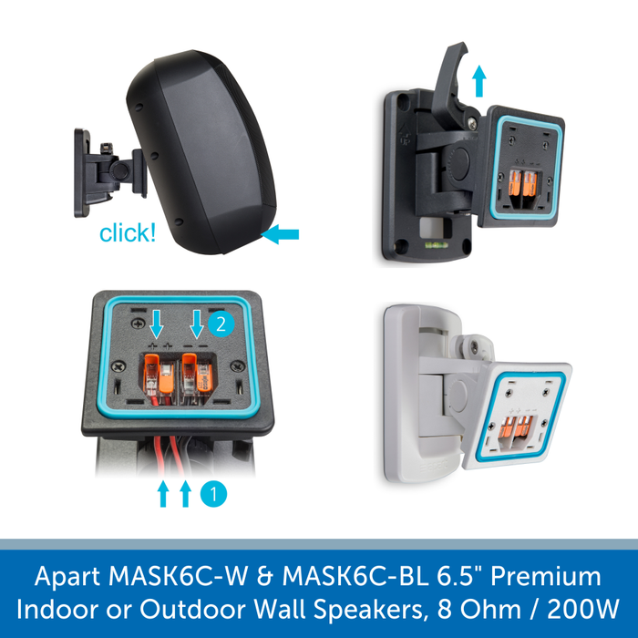 A bracket for a  Apart MASK6C-W & MASK6C-BL Key Features Perfect for background music up to dance music High-quality and long-lasting performance IP64 Rated for indoor and outdoor use Supplied with ClickMount bracket for a quick and easy install Delivers 200W of powerful audio @ 8 Ohms 3-Step overload protection