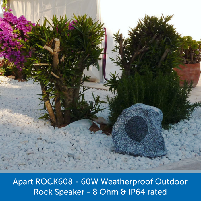 A Apart Audio ROCK608 garden Speaker in a rockery 