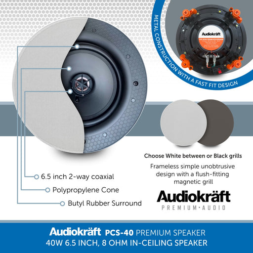 AudioKraft PCS-40 - Premium 40W 6.5 inch, 8 Ohm In-Ceiling Speaker