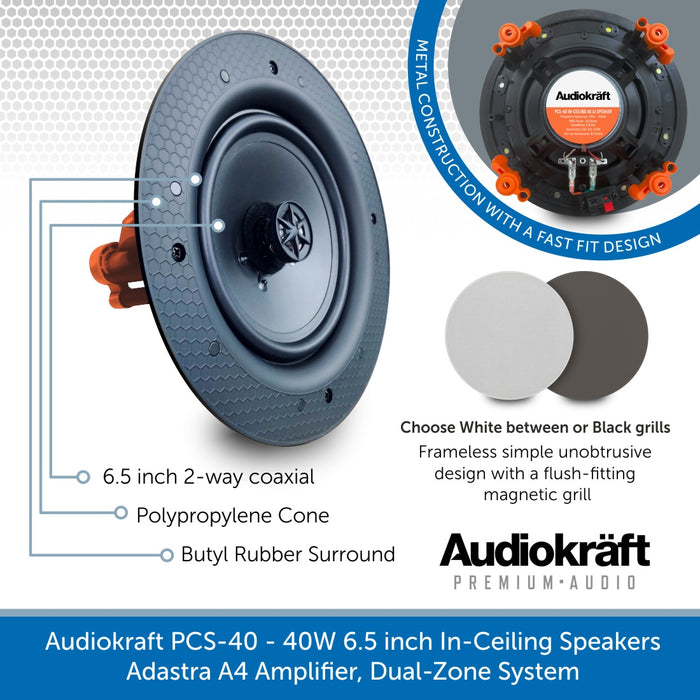 Audiokraft PCS-40 - 40W In-Ceiling Speakers & Adastra A4 Amplifier, Dual-Zone System