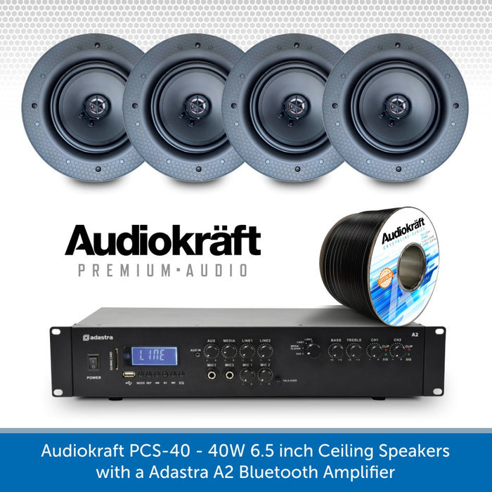 Audiokraft PCS-40 - 40W 6.5 inch Ceiling Speakers & Adastra A2 Bluetooth Amplifier