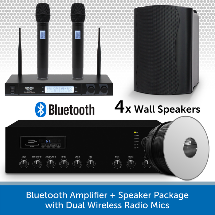 Bluetooth Amplifier + 4 Black Speaker Package with Dual Wireless Radio Mics