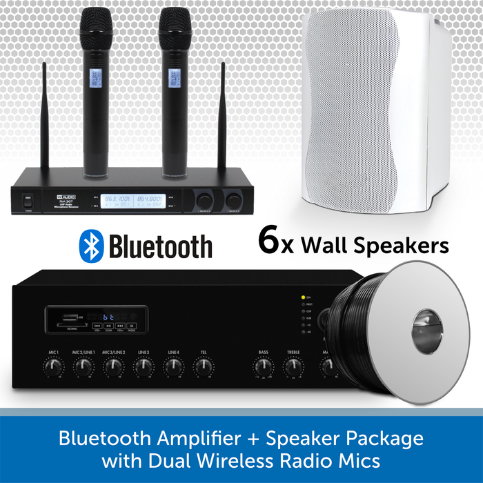Bluetooth Amplifier + 6 White Speaker Package with Dual Wireless Radio Mics