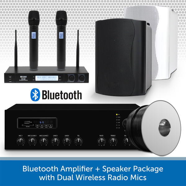 Bluetooth Amplifier Wall Mount Speaker Package with Dual Wireless Radio Mics 4 Black