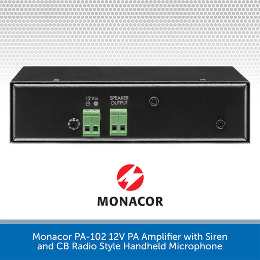 Monacor PA-102 12V PA Amplifier with Siren and CB Radio Style Handheld Microphone